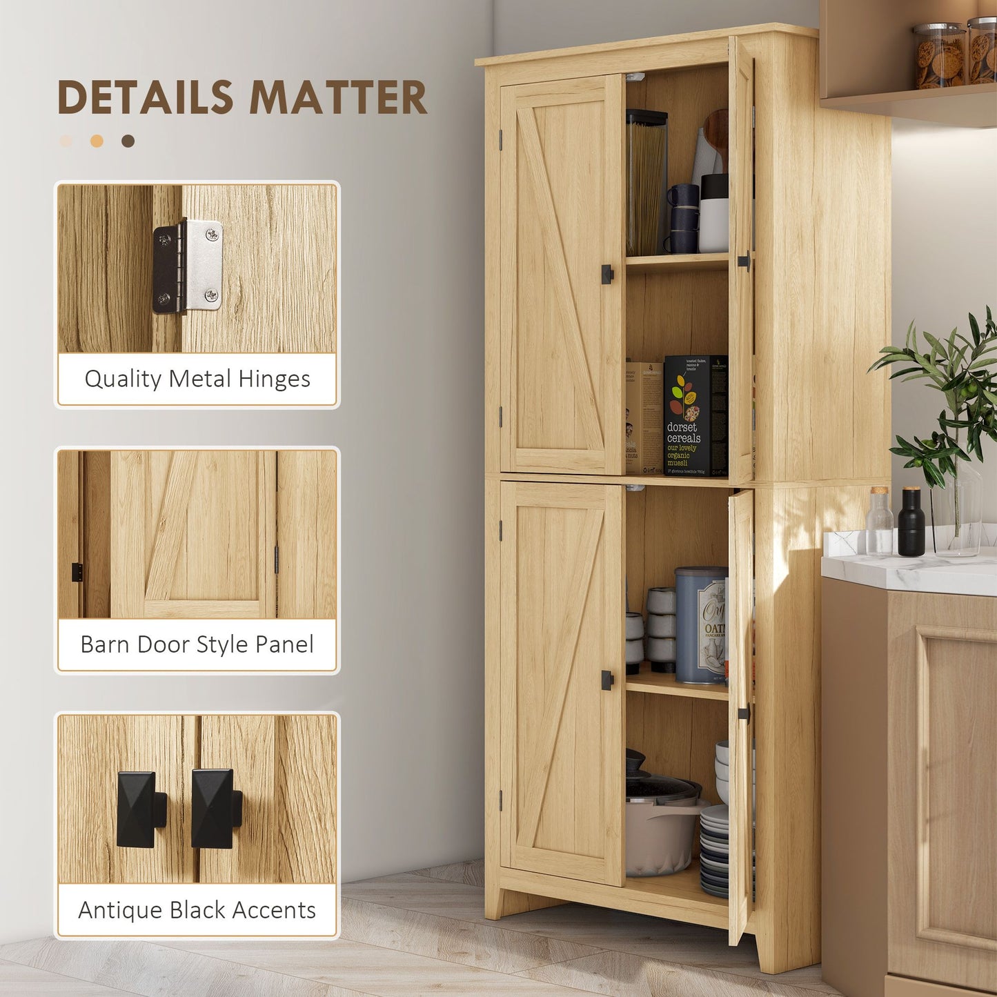 72" Freestanding Storage Cabinet, Kitchen Pantry Cabinet with Doors and Shelves for Dining Room, Natural