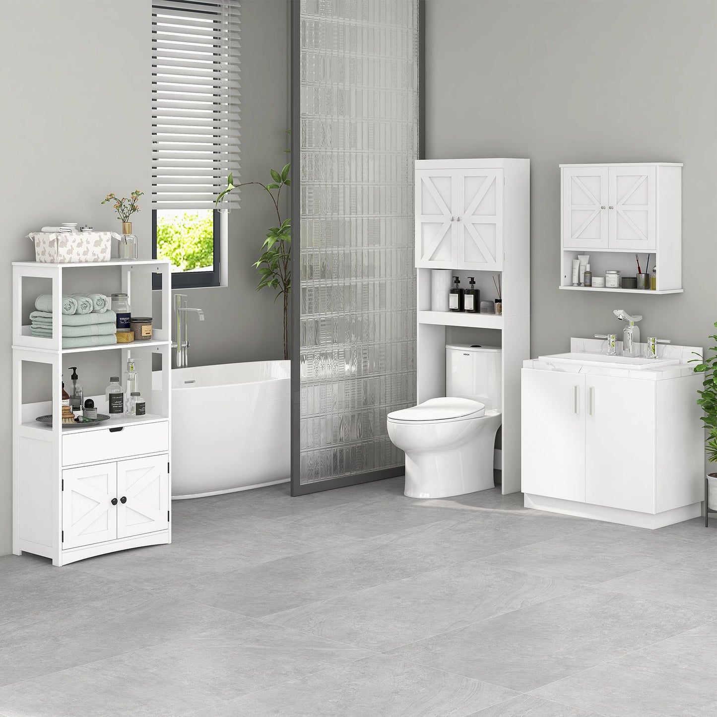 Farmhouse Bathroom Storage Cabinet, Linen Cabinet with Drawer and Shelves, 23.5" x 13" x 48.5", White