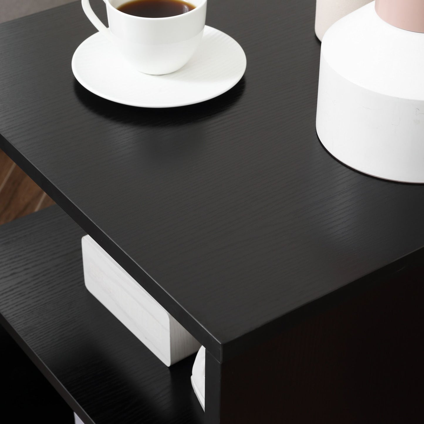 Wooden S Shape End Table 3 Tier Storage Shelves Organizer Living Room Side Table Desk Black