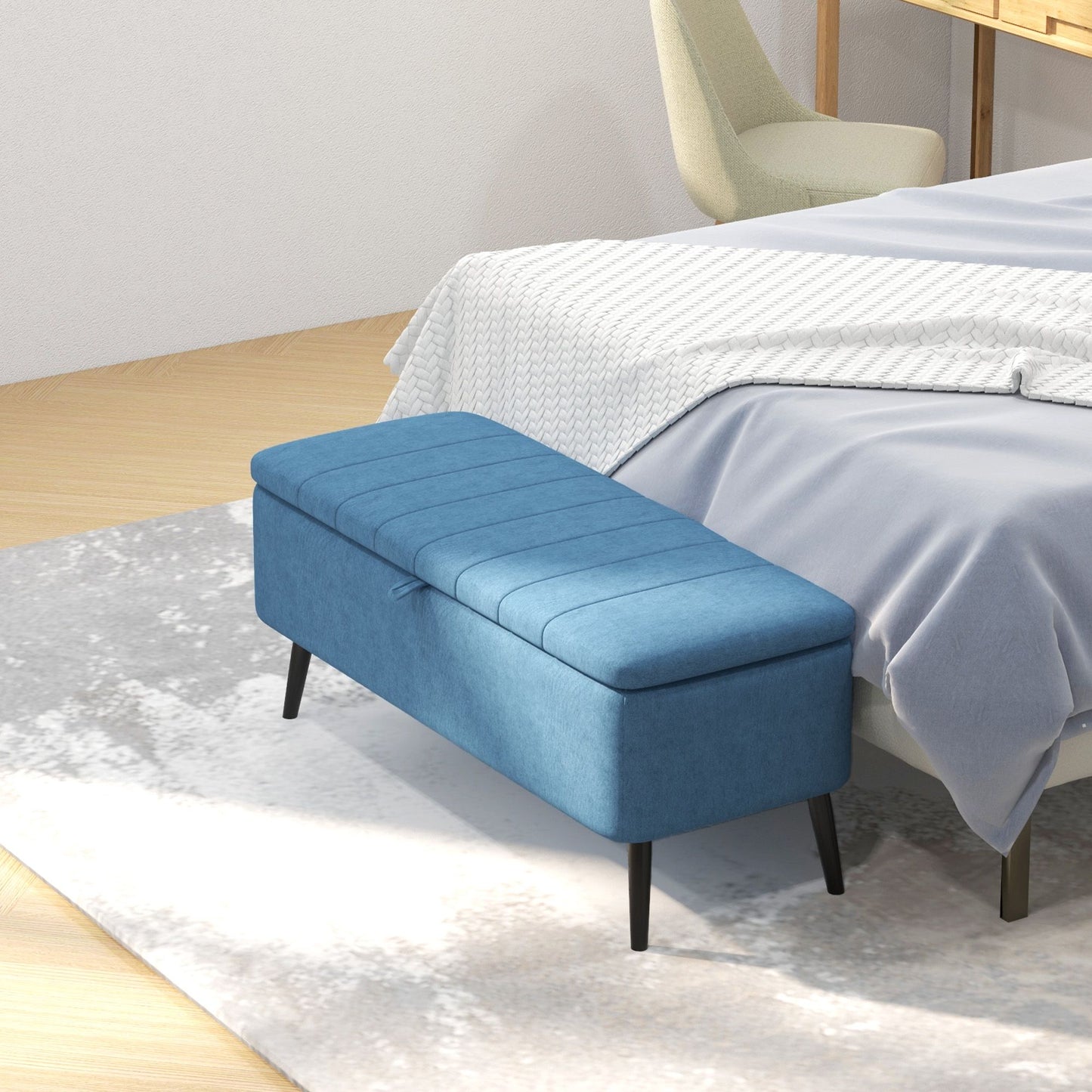 40" Ottoman with Storage, Linen Upholstered Storage Ottoman Bench with Steel Legs for Living Room, Bedroom Dark Blue