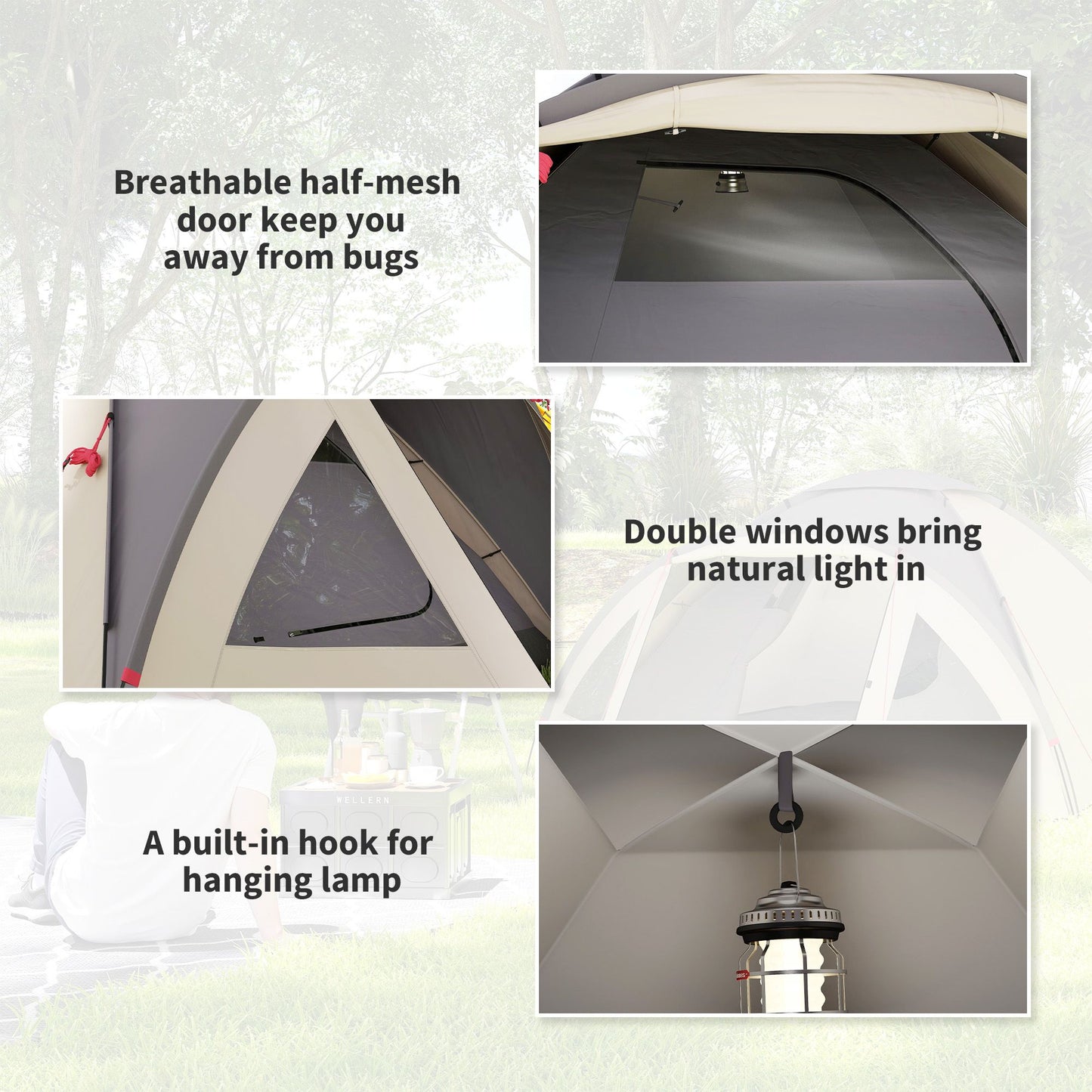 3 Person Camping Tent, Waterproof Family Dome Tent with Bedroom, Porch, Sewn-in Groundsheet and Hook, Khaki