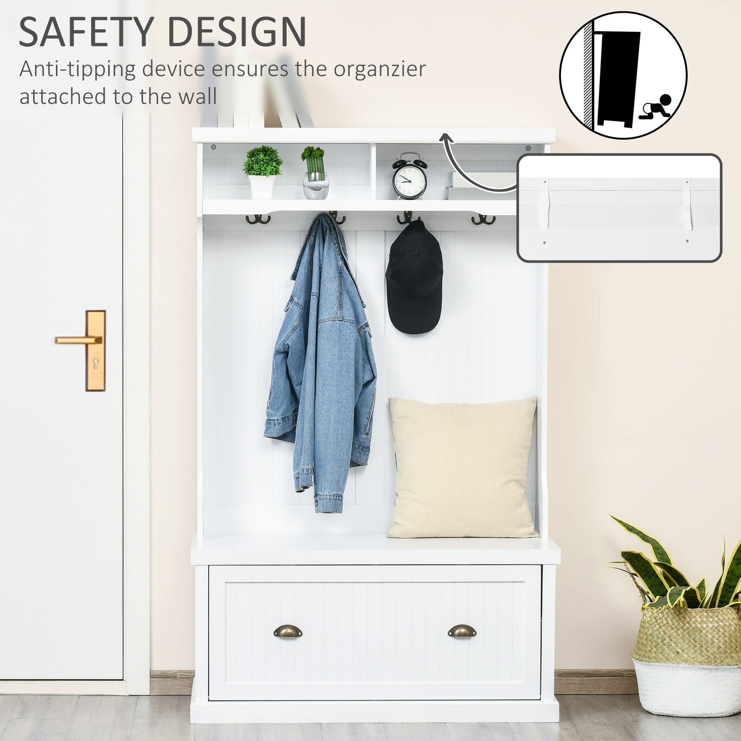 Modern Hall Tree, Coat Rack, Coat Stand With Shoe Storage Bench, 3-in-1 Wardrobe with 4 Double Hooks and 2 Shelves, Coat Hanger for Hallway, Living Room, White
