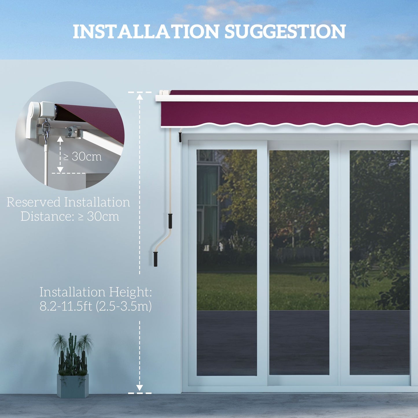10' x 6.5' Manual Retractable Awning with LED Lights, Aluminum Frame Sun Canopies for Patio Door Window, Wine Red