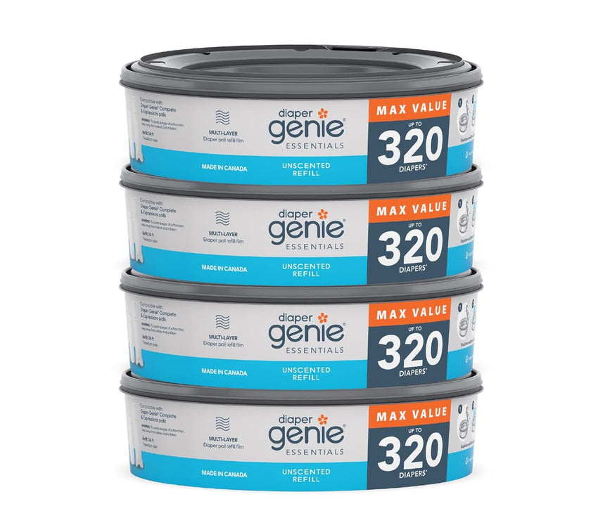 Diaper Genie Essentials Round Refill Pack of 4 | Holds Up to 1280 Newborn Diapers | Features Unscented Continuous Film | Compatible with Diaper Genie Complete and Expressions Pails - 7DAY'S