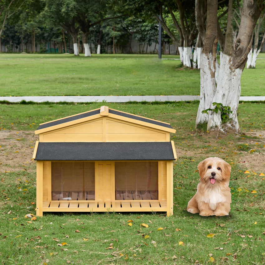 Dog House, Waterproof Dog Cage Kennel, Wooden Outdoor and Indoor Dog House, Raised Pet Kennel for Medium Dogs, Log Cabin Style with Porch,Elevated Floor,Asphalt Roof, 2 Doors - 7DAY'S