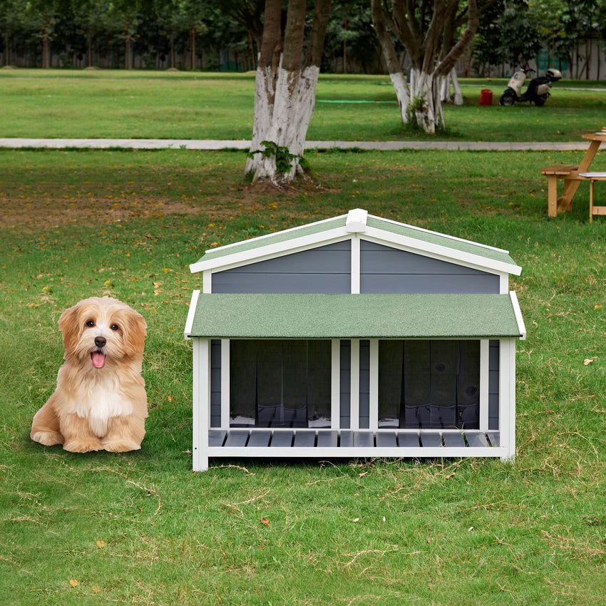 Dog House, Waterproof Dog Cage Kennel, Wooden Outdoor and Indoor Dog House, Raised Pet Kennel for Medium Dogs, Log Cabin Style with Porch,Elevated Floor,Asphalt Roof, 2 Doors - 7DAY'S
