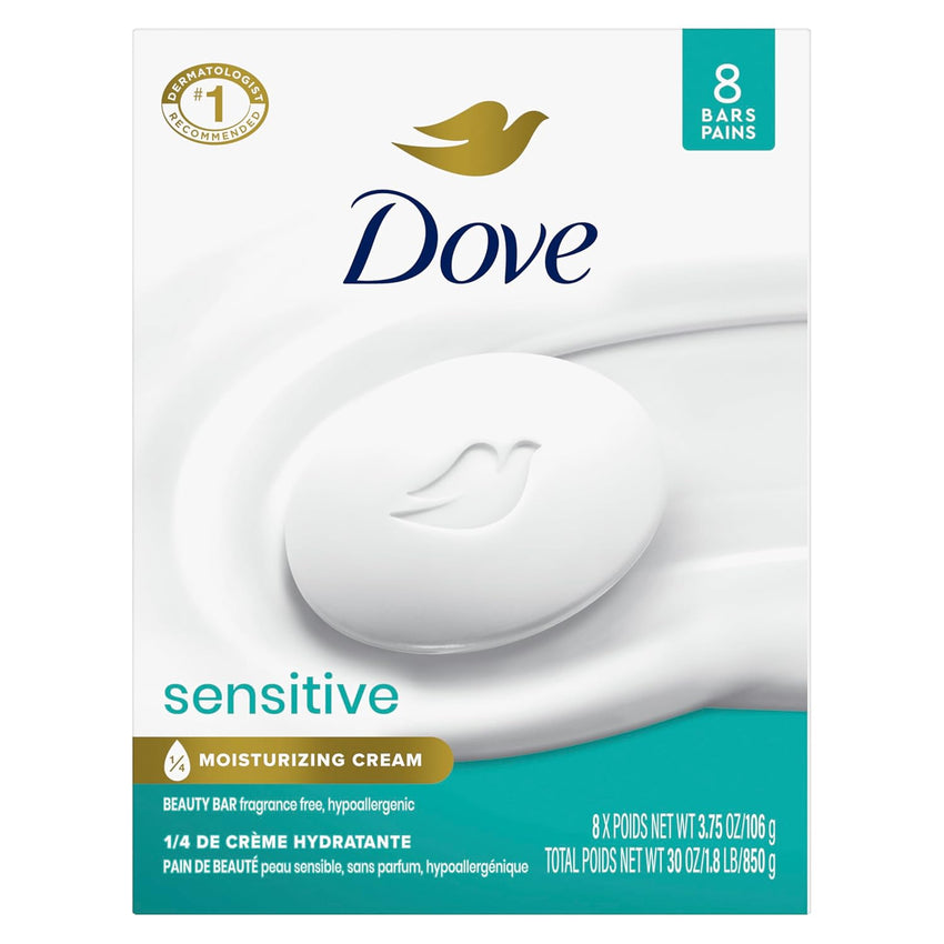 Dove Beauty Bar Soap Sensitive, 8 Bars for Sensitive Skin, Fragrance Free and Hypoallergenic 3.75 oz - 7DAY'S