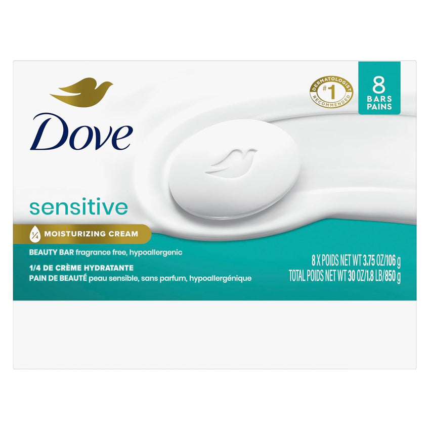 Dove Beauty Bar Soap Sensitive, 8 Bars for Sensitive Skin, Fragrance Free and Hypoallergenic 3.75 oz - 7DAY'S