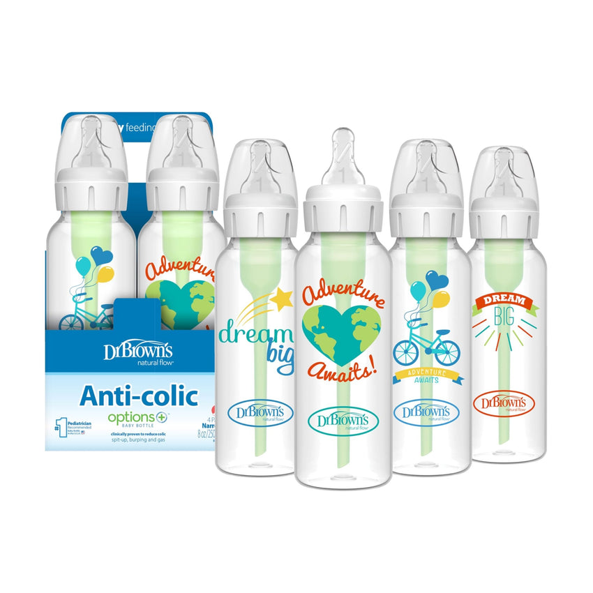 Dr. Brown's Natural Flow Anti - Colic Options+ Narrow Baby Bottle, 8 oz/250 mL, with Level 1 Slow Flow Nipples, 0m+, 4 Pack - 7DAY'S