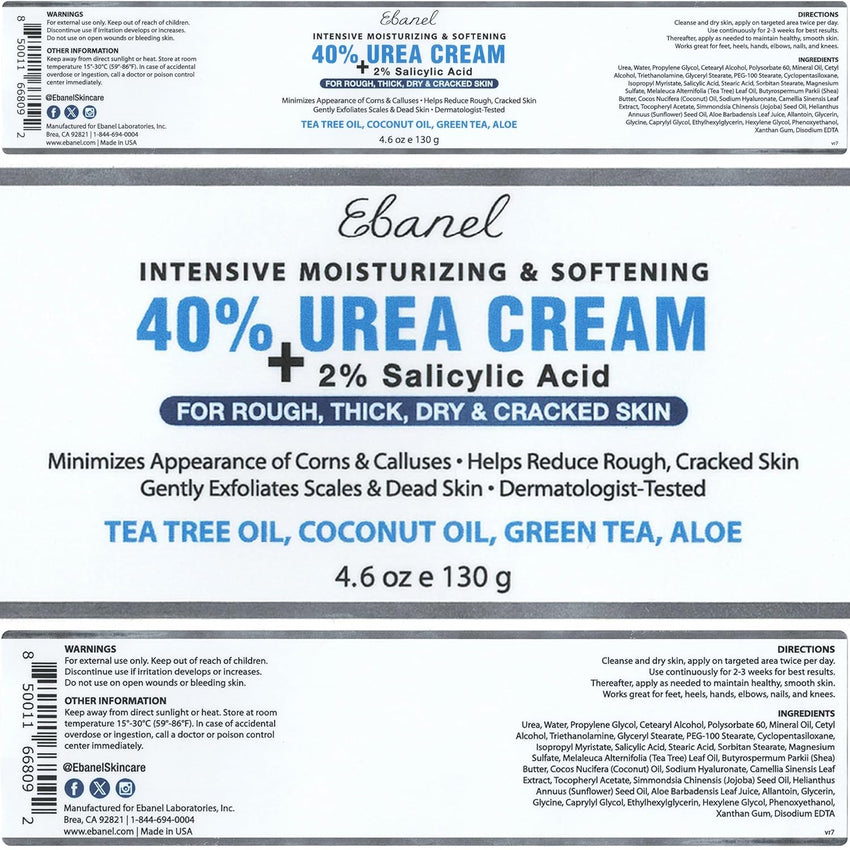 Ebanel Urea Cream 40% plus Salicylic Acid 2%, Foot Cream for Dry Cracked Heels Feet Knees Elbows Hands, Foot Dead Skin Cuticle Callus Remover Toenail Softener, Keratolytic Skin Barrier Repair - 7DAY'S