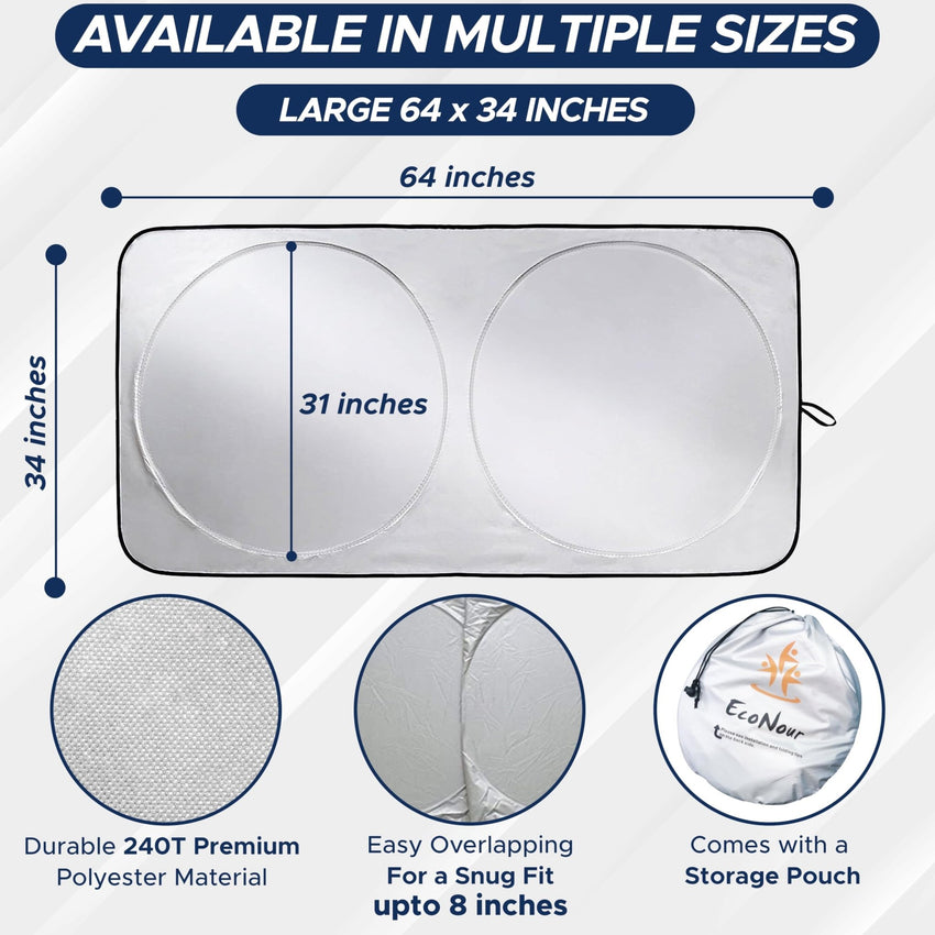 EcoNour Patented Design for Car Windshield Sun Shade | Blocks 99% Heat and Keep Interior Cool | Fits Cars, SUV, Truck | Automotive Sun Screen,Visor and Summer Vehicle Accessories | Medium (64x32) - 7DAY'S