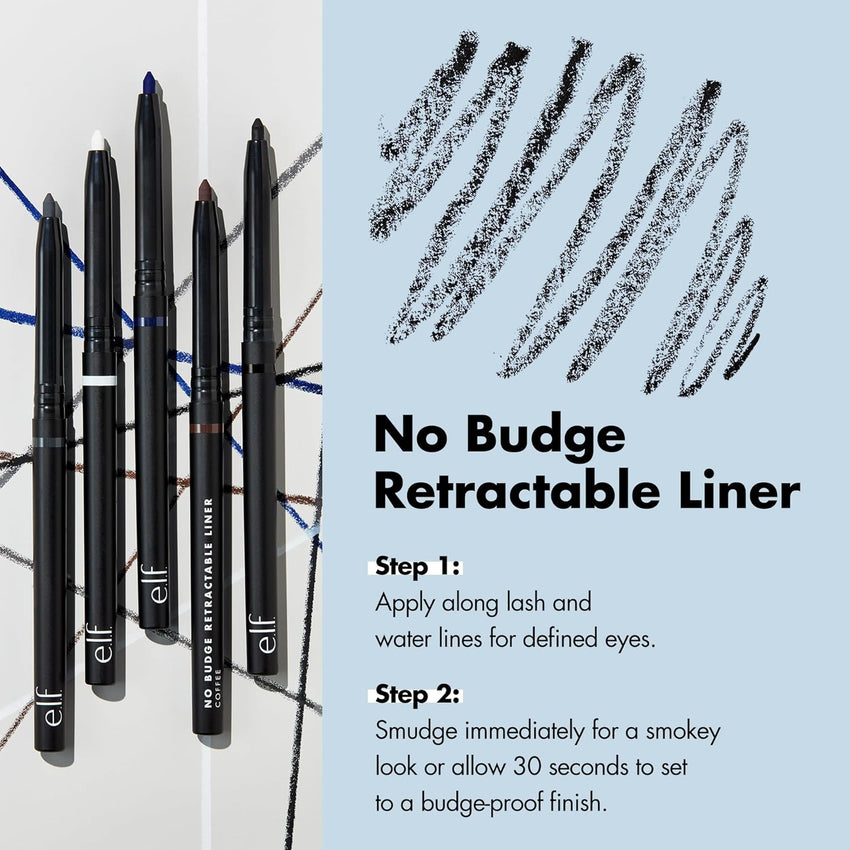 e.l.f. No Budge Retractable Eyeliner, Creamy, Ultra - Pigmented & Waterproof, Creates Bold & Defined Lines, Vegan & Cruelty - Free, Black - 7DAY'S
