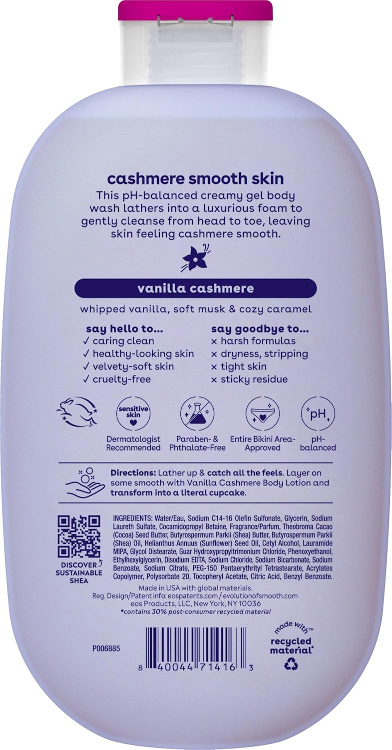 eos Shea Better Cashmere Body Wash, Vanilla Cashmere, Moisturizing, pH Balanced Body Wash, Creamy Gel Formula, Paraben & Phthalate Free, Sensitive Skin, 16 fl oz - 7DAY'S