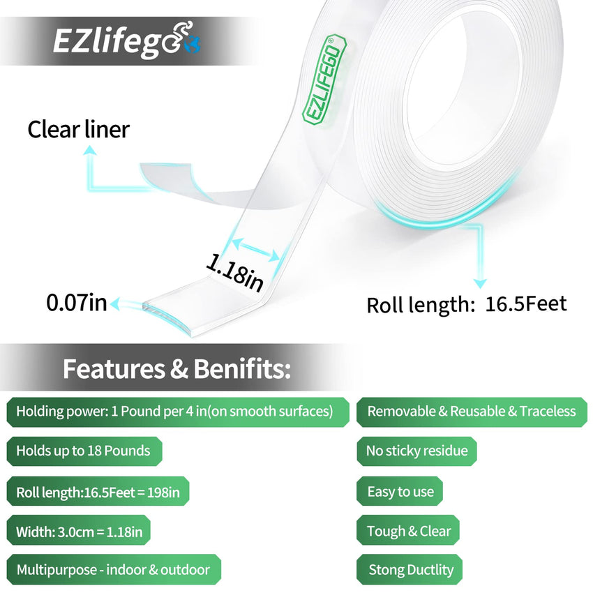 EZlifego Double Sided Tape Heavy Duty, Nano Double Sided Adhesive Tape, Clear Mounting Tape Picture Hanging Adhesive Strips (9.85FT) - 7DAY'S