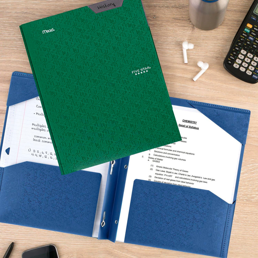 Five Star 2 - Pocket Folder, 4 Pack, Plastic Folder with Stay - Put Tabs and Prong Fasteners, Holds 8 - 1/2" x 11" Paper, Black, Fire Red, Forest Green, Pacific Blue (38048) - 7DAY'S