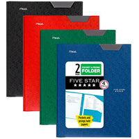 Five Star 2 - Pocket Folder, 4 Pack, Plastic Folder with Stay - Put Tabs and Prong Fasteners, Holds 8 - 1/2" x 11" Paper, Black, Fire Red, Forest Green, Pacific Blue (38048) - 7DAY'S