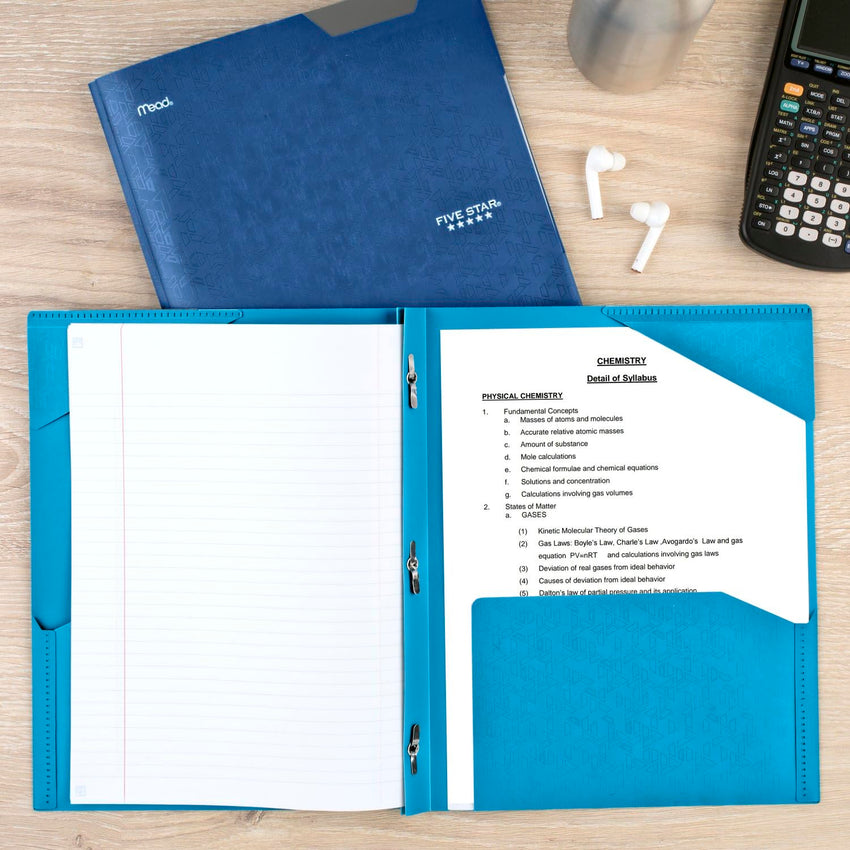 Five Star 2 - Pocket Folder, 4 Pack, Plastic Folder with Stay - Put Tabs and Prong Fasteners, Holds 8 - 1/2" x 11" Paper, Black, Fire Red, Forest Green, Pacific Blue (38048) - 7DAY'S