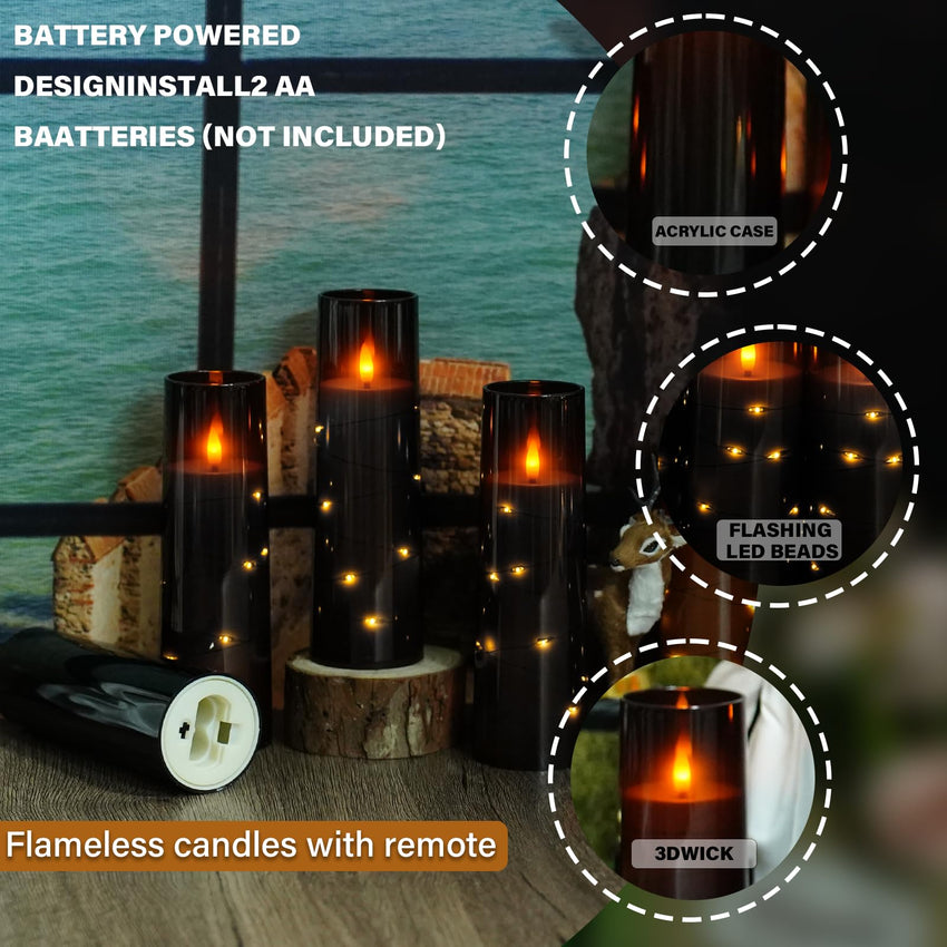 Flickering Flameless LED Candles, 9 Pcs with Embedded Star String, Acrylic LED Pillar Candles with Remote, Suitable for Home Decoration (Grey) - 7DAY'S