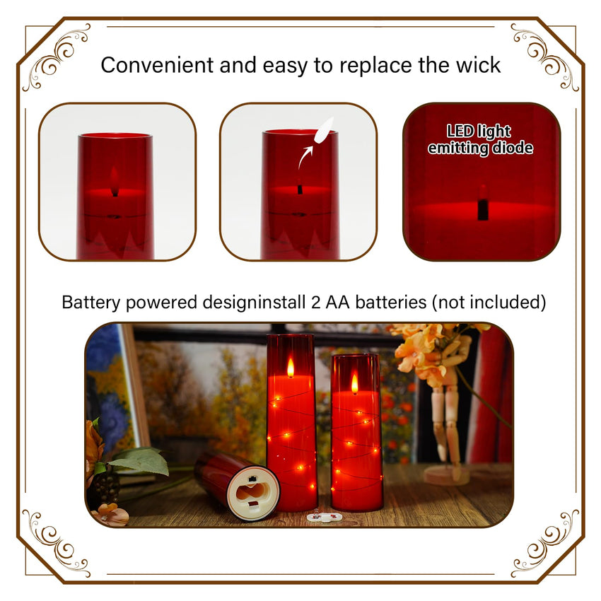 Flickering Flameless LED Candles, 9 Pcs with Embedded Star String, Acrylic LED Pillar Candles with Remote, Suitable for Home Decoration (Grey) - 7DAY'S