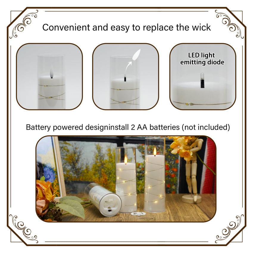 Flickering Flameless LED Candles, 9 Pcs with Embedded Star String, Acrylic LED Pillar Candles with Remote, Suitable for Home Decoration (Grey) - 7DAY'S