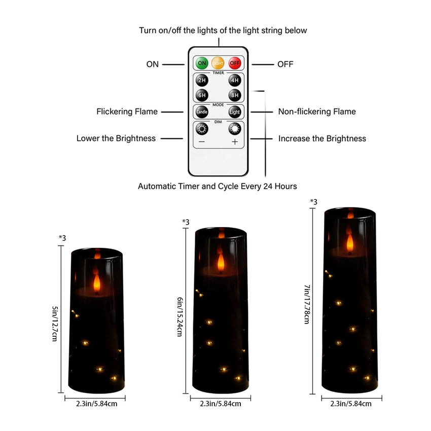 Flickering Flameless LED Candles, 9 Pcs with Embedded Star String, Acrylic LED Pillar Candles with Remote, Suitable for Home Decoration (Grey) - 7DAY'S