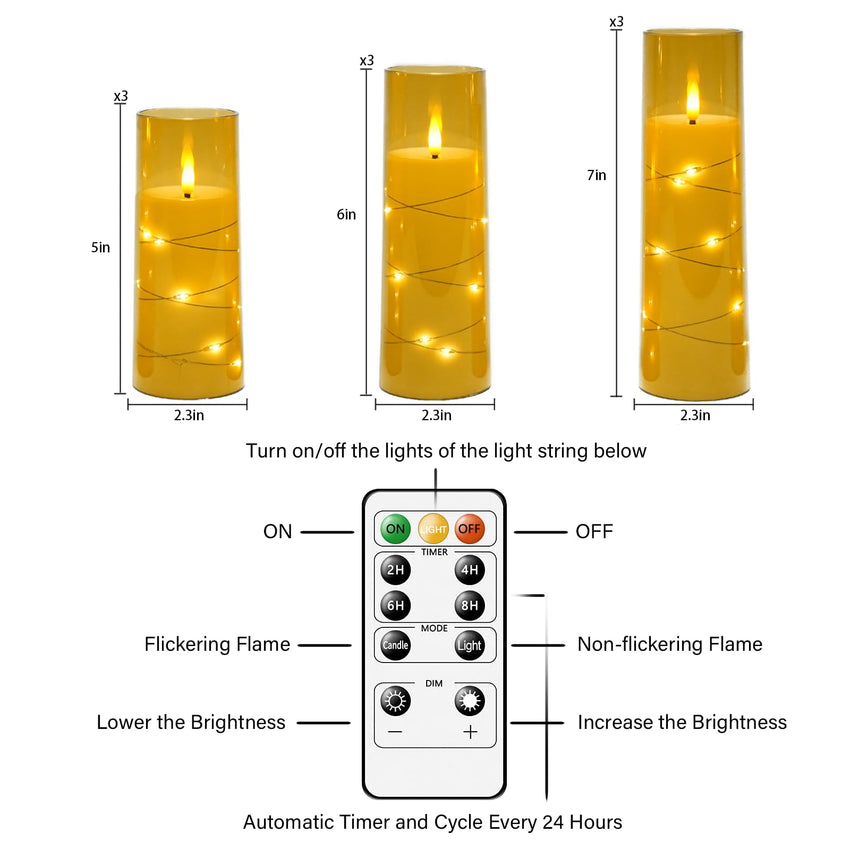 Flickering Flameless LED Candles, 9 Pcs with Embedded Star String, Acrylic LED Pillar Candles with Remote, Suitable for Home Decoration (Grey) - 7DAY'S
