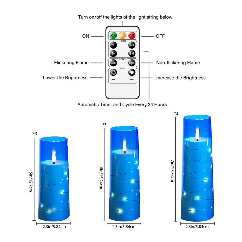 Flickering Flameless LED Candles, 9 Pcs with Embedded Star String, Acrylic LED Pillar Candles with Remote, Suitable for Home Decoration (Grey) - 7DAY'S