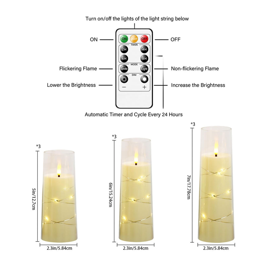 Flickering Flameless LED Candles, 9 Pcs with Embedded Star String, Acrylic LED Pillar Candles with Remote, Suitable for Home Decoration (Grey) - 7DAY'S