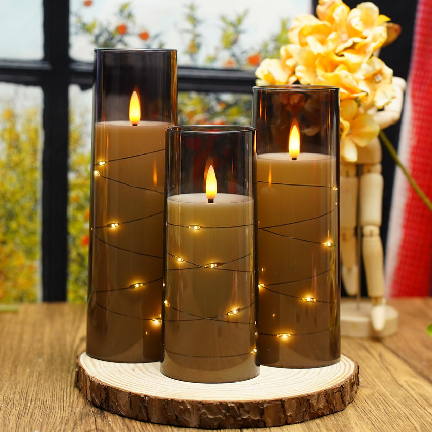 Flickering Flameless LED Candles, 9 Pcs with Embedded Star String, Acrylic LED Pillar Candles with Remote, Suitable for Home Decoration (Grey) - 7DAY'S