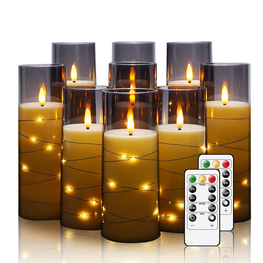 Flickering Flameless LED Candles, 9 Pcs with Embedded Star String, Acrylic LED Pillar Candles with Remote, Suitable for Home Decoration (Grey) - 7DAY'S