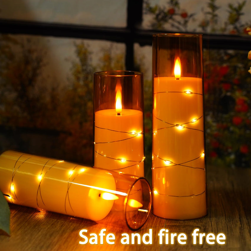 Flickering Flameless LED Candles, 9 Pcs with Embedded Star String, Acrylic LED Pillar Candles with Remote, Suitable for Home Decoration (Grey) - 7DAY'S