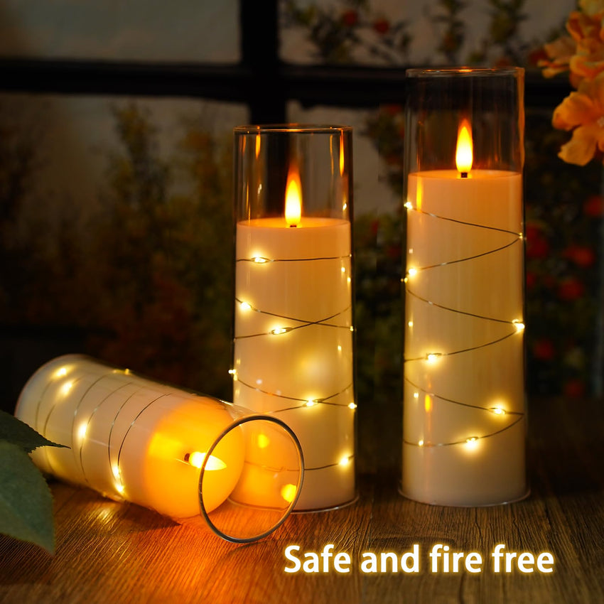 Flickering Flameless LED Candles, 9 Pcs with Embedded Star String, Acrylic LED Pillar Candles with Remote, Suitable for Home Decoration (Grey) - 7DAY'S