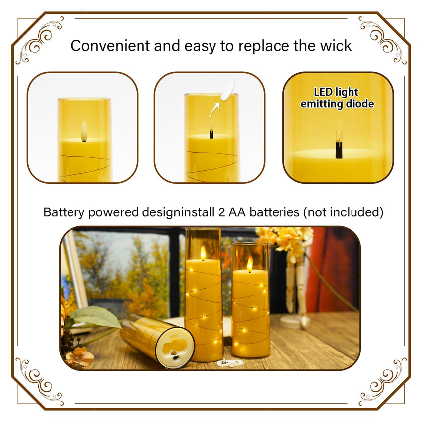 Flickering Flameless LED Candles, 9 Pcs with Embedded Star String, Acrylic LED Pillar Candles with Remote, Suitable for Home Decoration (Grey) - 7DAY'S