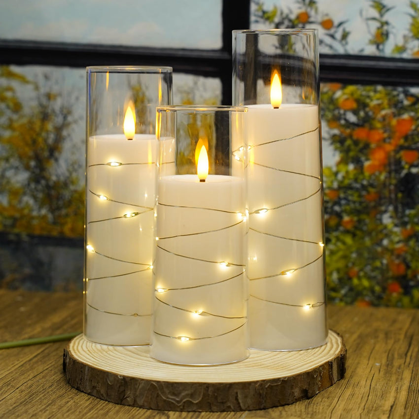 Flickering Flameless LED Candles, 9 Pcs with Embedded Star String, Acrylic LED Pillar Candles with Remote, Suitable for Home Decoration (Grey) - 7DAY'S