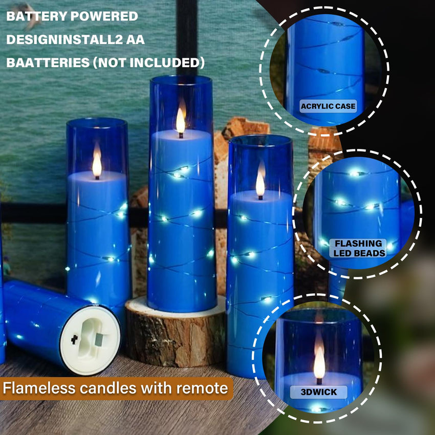 Flickering Flameless LED Candles, 9 Pcs with Embedded Star String, Acrylic LED Pillar Candles with Remote, Suitable for Home Decoration (Grey) - 7DAY'S