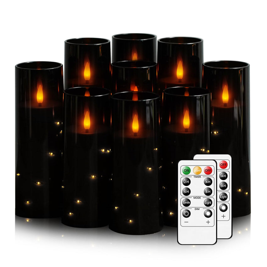 Flickering Flameless LED Candles, 9 Pcs with Embedded Star String, Acrylic LED Pillar Candles with Remote, Suitable for Home Decoration (Grey) - 7DAY'S
