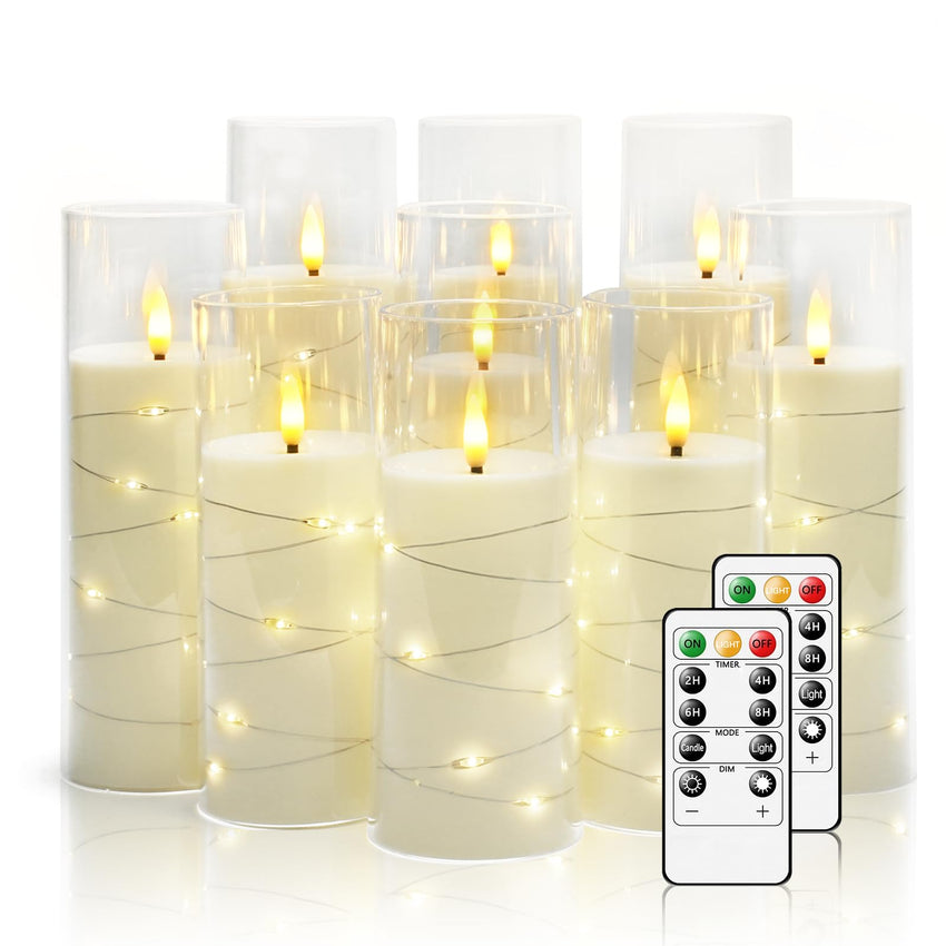 Flickering Flameless LED Candles, 9 Pcs with Embedded Star String, Acrylic LED Pillar Candles with Remote, Suitable for Home Decoration (Grey) - 7DAY'S