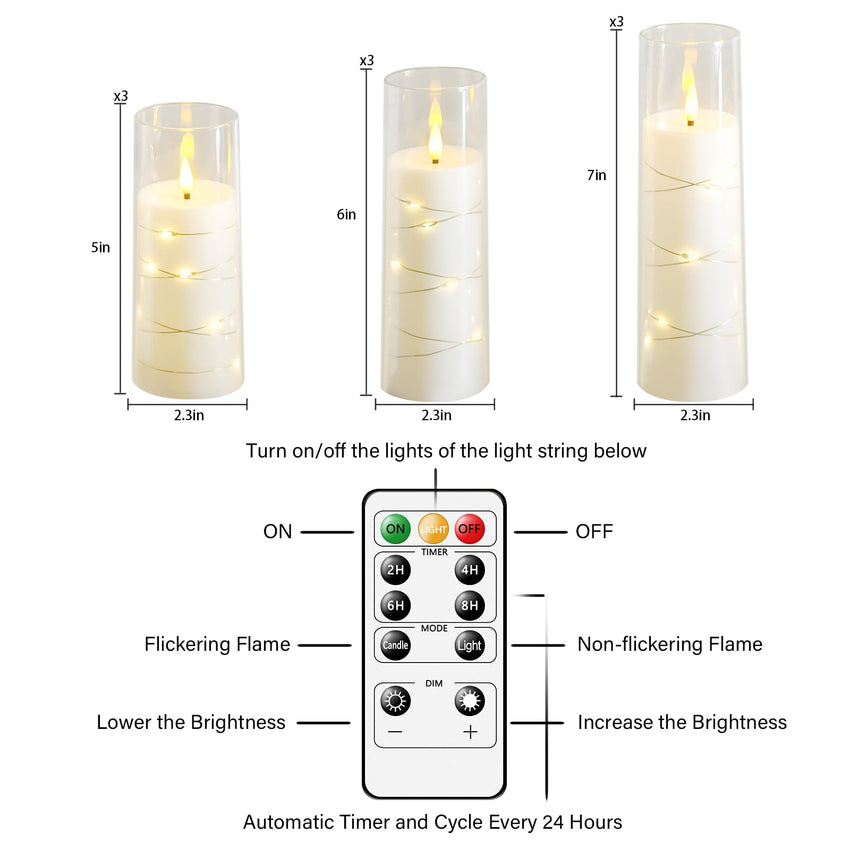 Flickering Flameless LED Candles, 9 Pcs with Embedded Star String, Acrylic LED Pillar Candles with Remote, Suitable for Home Decoration (Grey) - 7DAY'S