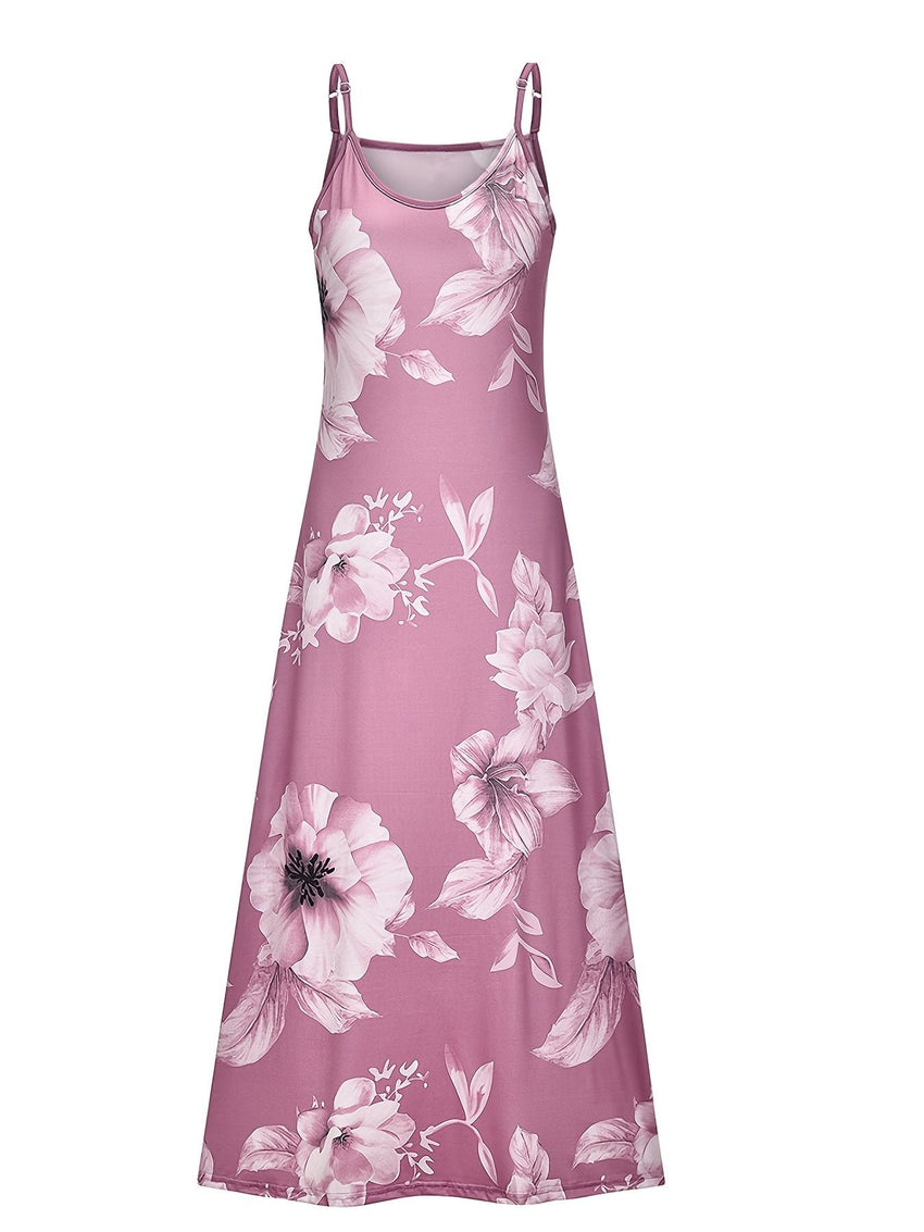 Floral Print Spaghetti Dress; Casual Crew Neck Ankle Cami Dress; Women's Clothing - 7DAY'S