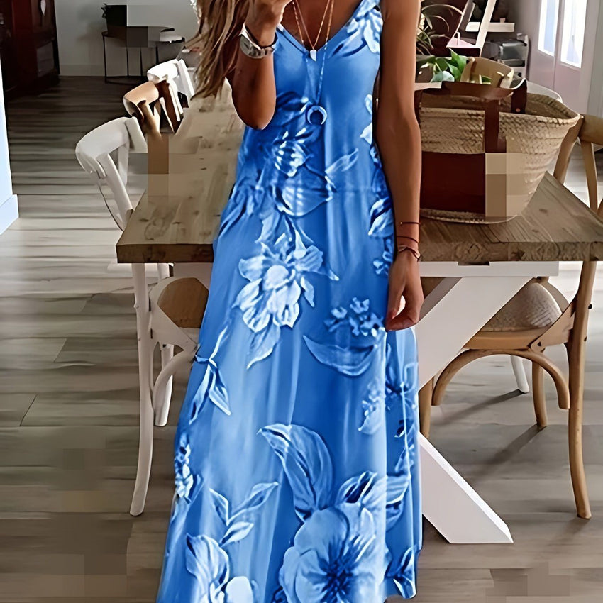 Floral Print Spaghetti Dress; Casual Crew Neck Ankle Cami Dress; Women's Clothing - 7DAY'S