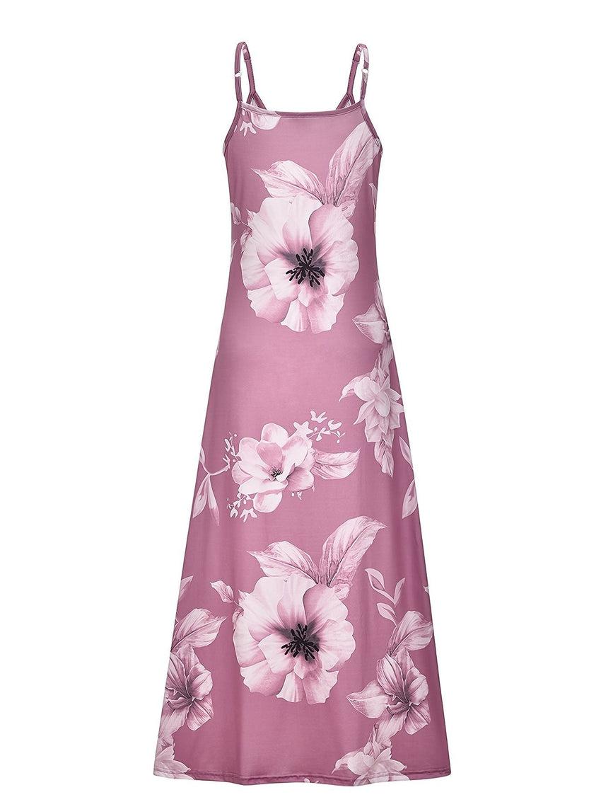 Floral Print Spaghetti Dress; Casual Crew Neck Ankle Cami Dress; Women's Clothing - 7DAY'S