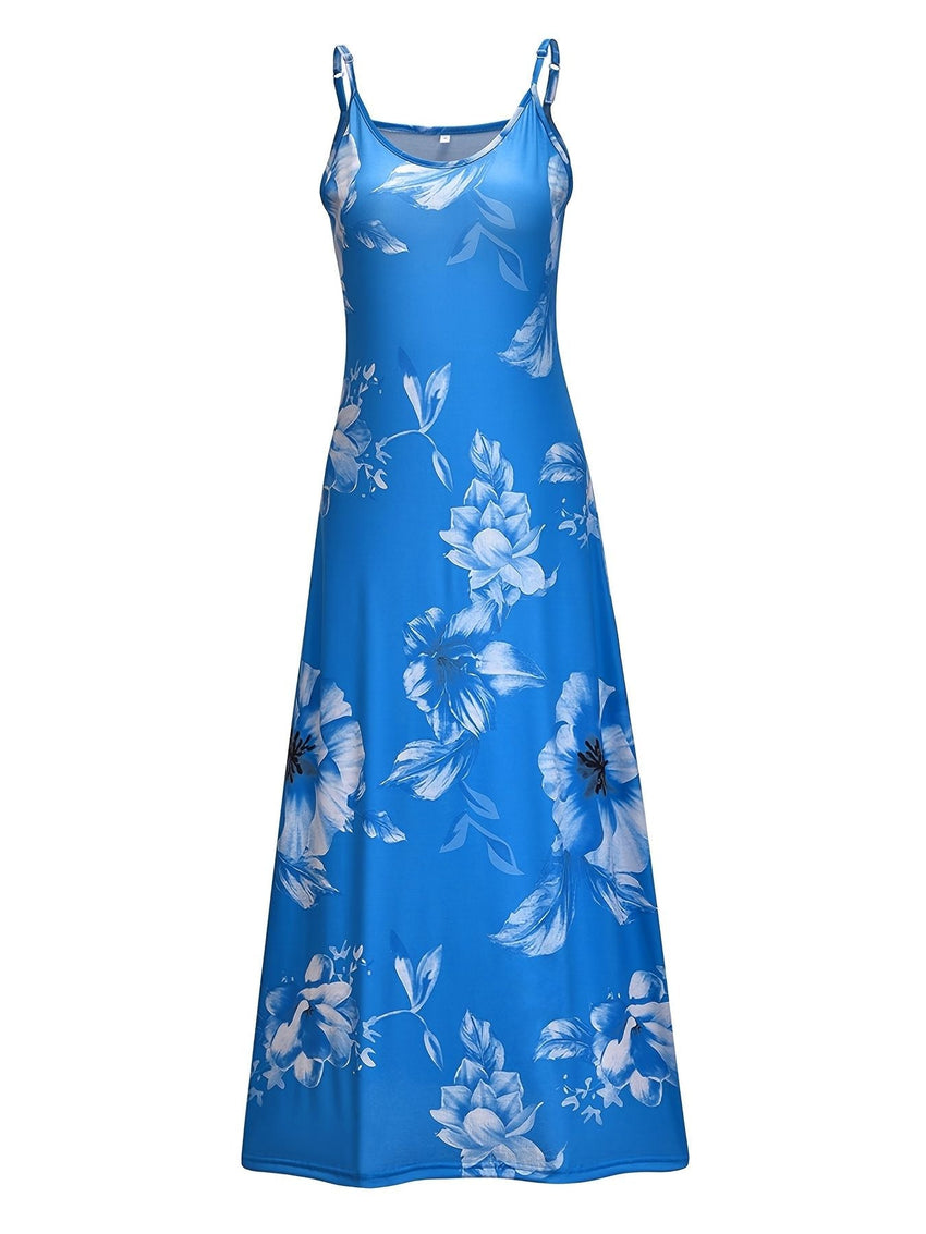 Floral Print Spaghetti Dress; Casual Crew Neck Ankle Cami Dress; Women's Clothing - 7DAY'S
