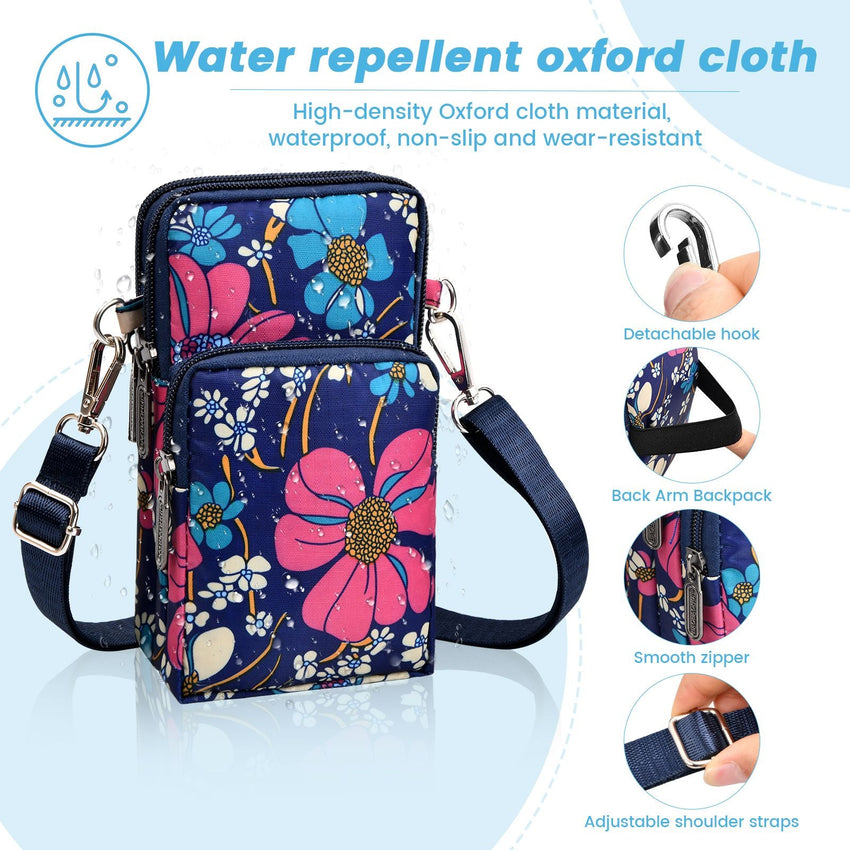 Flower Pattern Crossbody Cell Phone Purse For Women; 3 - Layers Zipper Nylon Shoulder Bag; Sport Armband Wallet For Smartphone - 7DAY'S