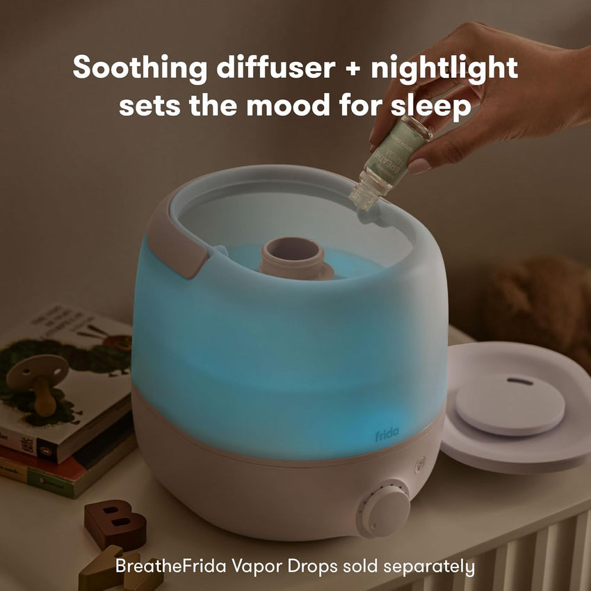 Frida Baby 3 - in - 1 Cool Mist Humidifier for Large Rooms, Top Fill Humidifier for Bedroom, Allergy Relief, 60 Hour Runtime + Nightlight, Auto Shut - Off, Quiet, Carry Handle, Essential Oil Diffuser - 7DAY'S
