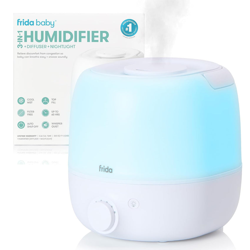 Frida Baby 3 - in - 1 Cool Mist Humidifier for Large Rooms, Top Fill Humidifier for Bedroom, Allergy Relief, 60 Hour Runtime + Nightlight, Auto Shut - Off, Quiet, Carry Handle, Essential Oil Diffuser - 7DAY'S