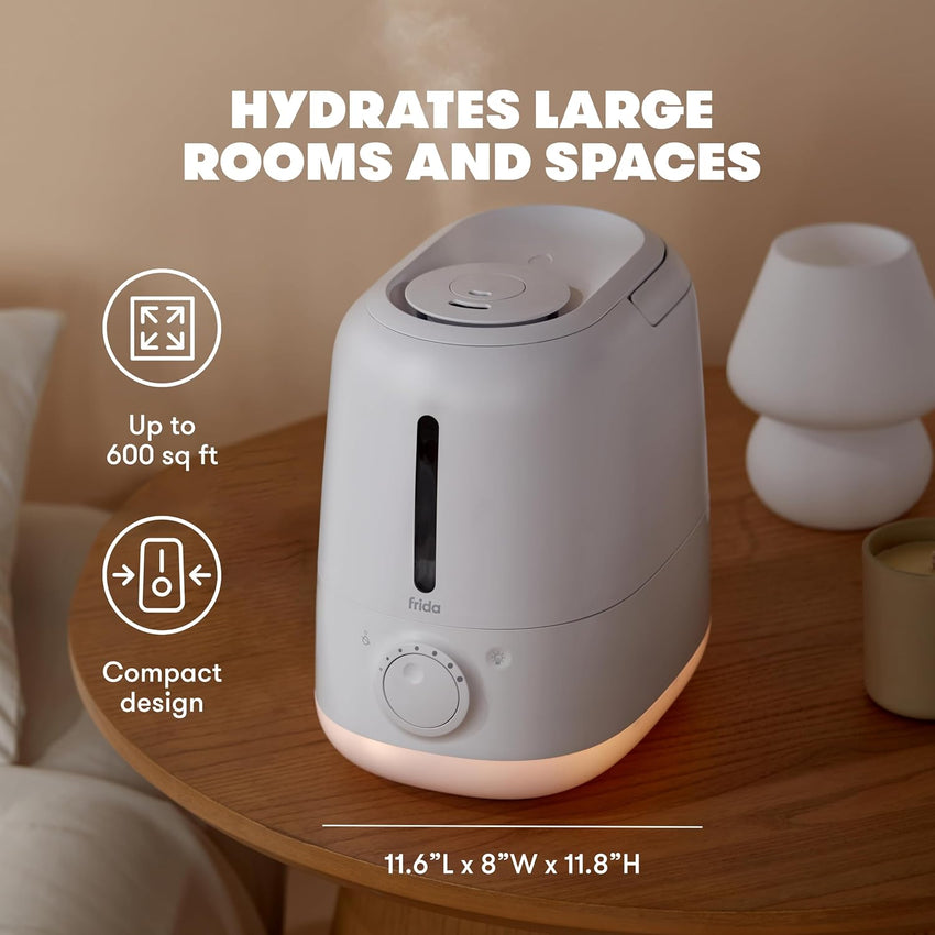 Frida Baby 3 - in - 1 XL Top Fill Humidifier for Bedroom, Allergy Relief, 6L Tank Cool Mist Humidifier for Large Rooms + Diffuser, Nightlight, Auto Shut - Off, Quiet, Carry Handle, Essential Oil Diffuser - 7DAY'S