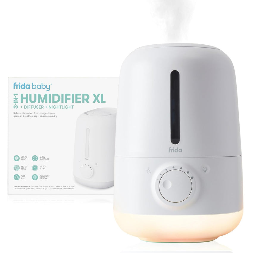 Frida Baby 3 - in - 1 XL Top Fill Humidifier for Bedroom, Allergy Relief, 6L Tank Cool Mist Humidifier for Large Rooms + Diffuser, Nightlight, Auto Shut - Off, Quiet, Carry Handle, Essential Oil Diffuser - 7DAY'S
