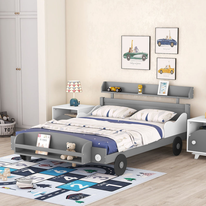 Full Size Car - Shaped Platform Bed,Full Bed with Storage Shelf for Bedroom - 7DAY'S