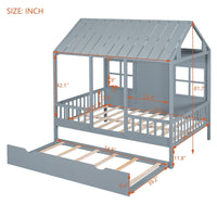Full Size Wood House Bed With Twin Size Trundle, Wooden Daybed - 7DAY'S