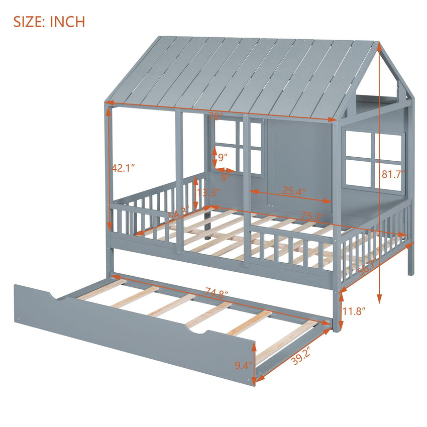 Full Size Wood House Bed With Twin Size Trundle, Wooden Daybed - 7DAY'S